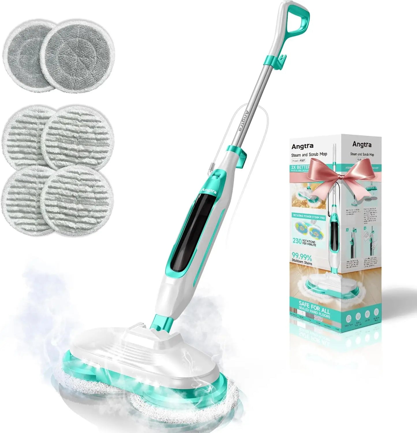 Rotating Steam Mop with LED Lights, 6 Pads, Swivel Head for Hard Floors - Efficient Cleaner