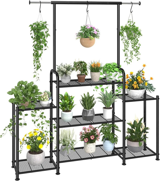 3-Tier Metal Plant Stand Indoor Outdoor, Expandable Hanging Shelf for Multiple Flower Pots, Heavy Duty Ladder Holder in Black