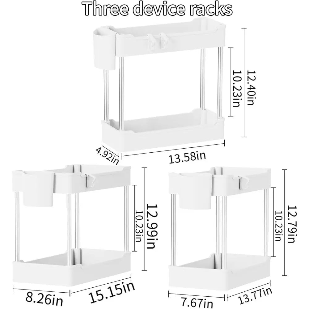 3 Pack Under Sink Organizers, 2 Tier Bathroom Cabinet Organizer with Hanging Cups, Kitchen & Bathroom Storage (White)