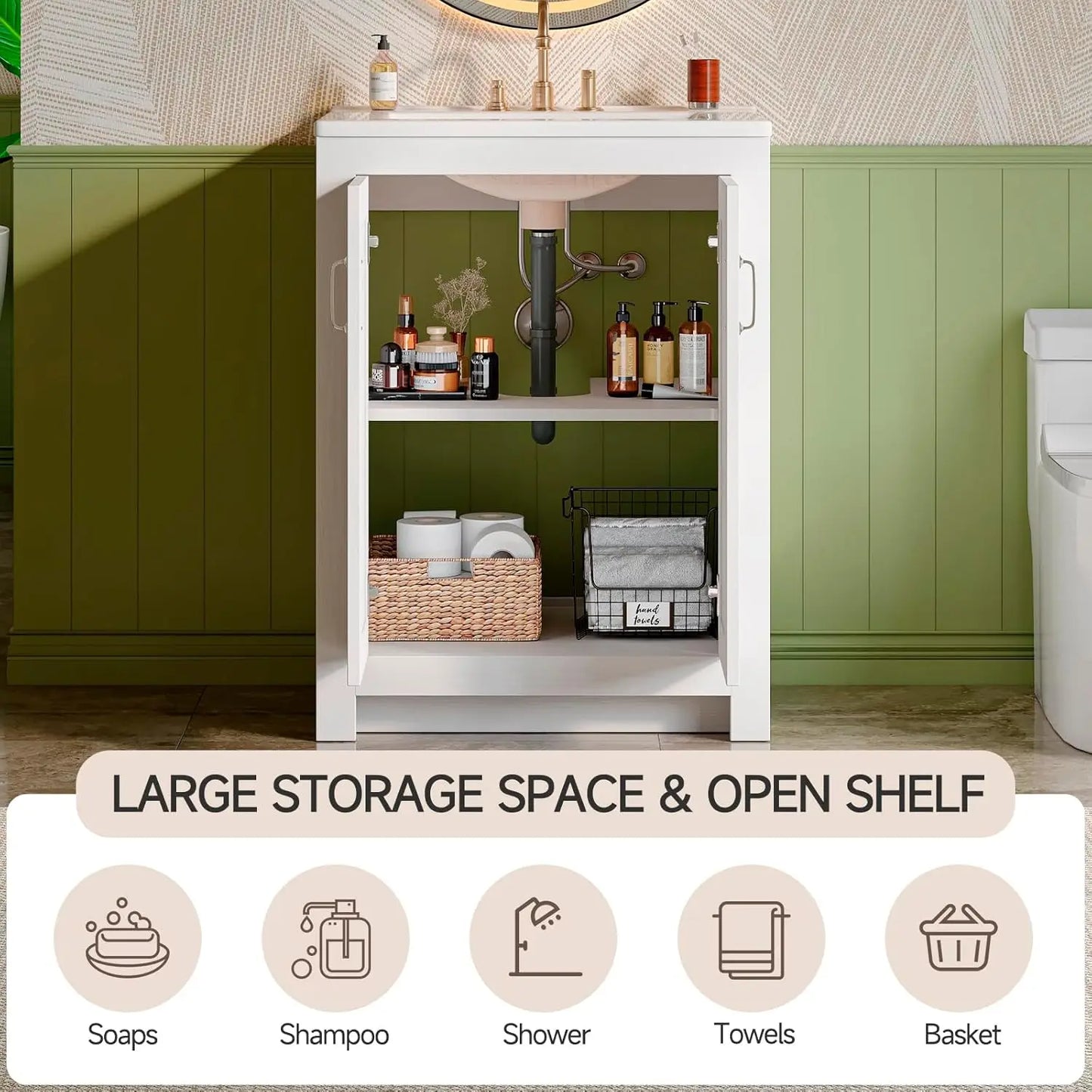 Farmhouse Bathroom Vanity with Sink, Freestanding Bathroom Vanities with Ceramic Basin & Soft-Close Door, Wood Cabinet
