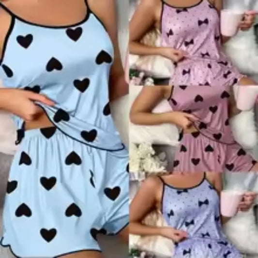 Casual Loungewear Set for Women – Heart-Print Ice Silk Tee & Shorts, Summer PJs