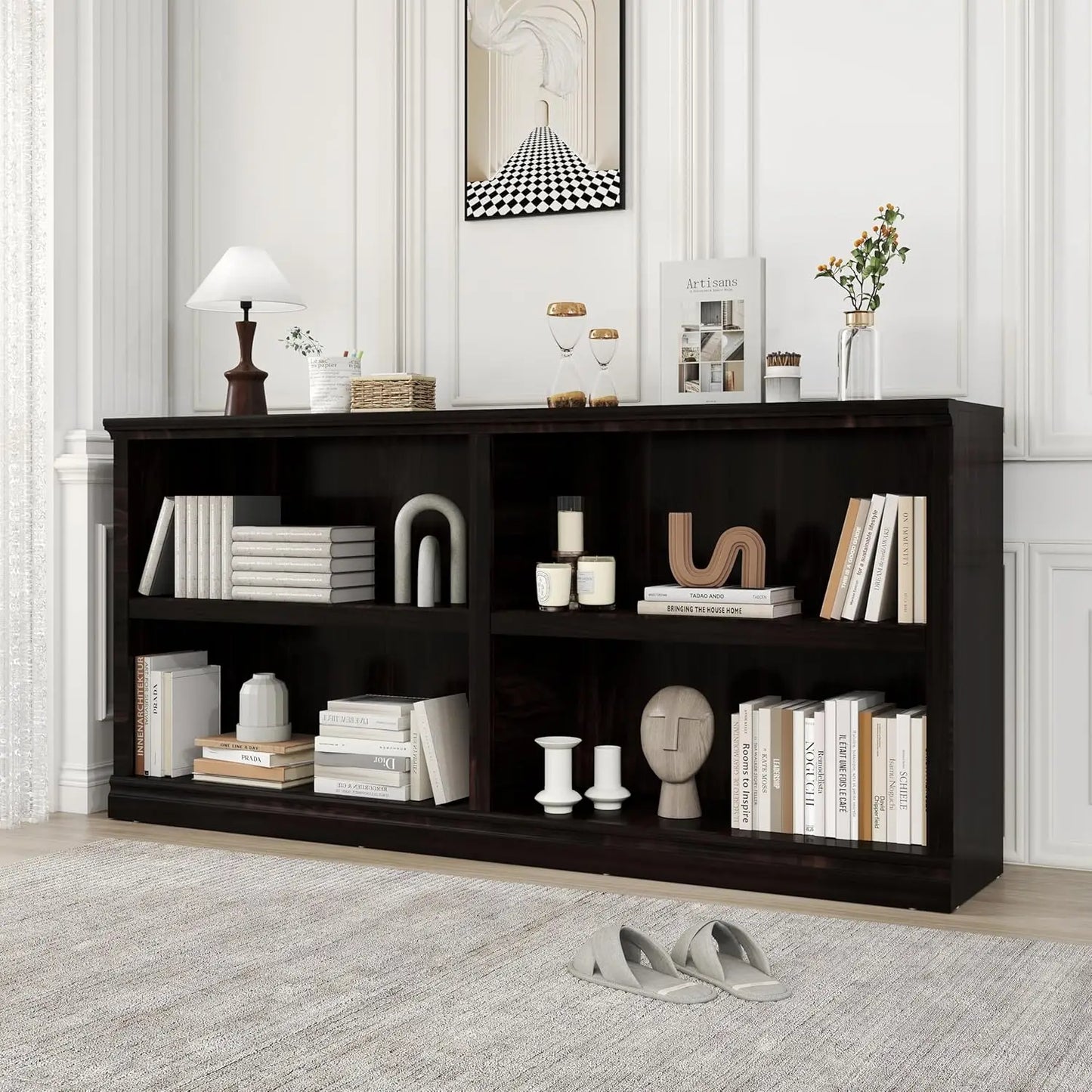 Double Wide Open Shelf Bookcase - 2 Tiers 4 Storage Cube Adjustable Space Book Case, Display Cabinet Organizer with, Customized