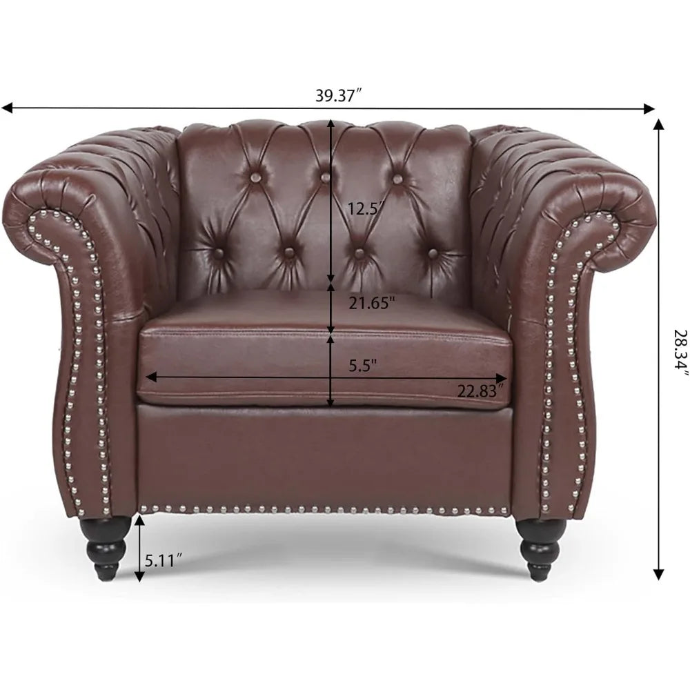 Leather Chesterfield Chair, Mid-Century Modern Single Sofa Chair, Tufted Upholstered Rolled Armchair for Home Bedroom Reading R
