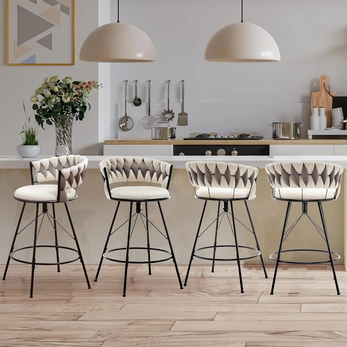24" Counter Velvet Barstool Woven Back Kitchen Cafe Set 4, Customized