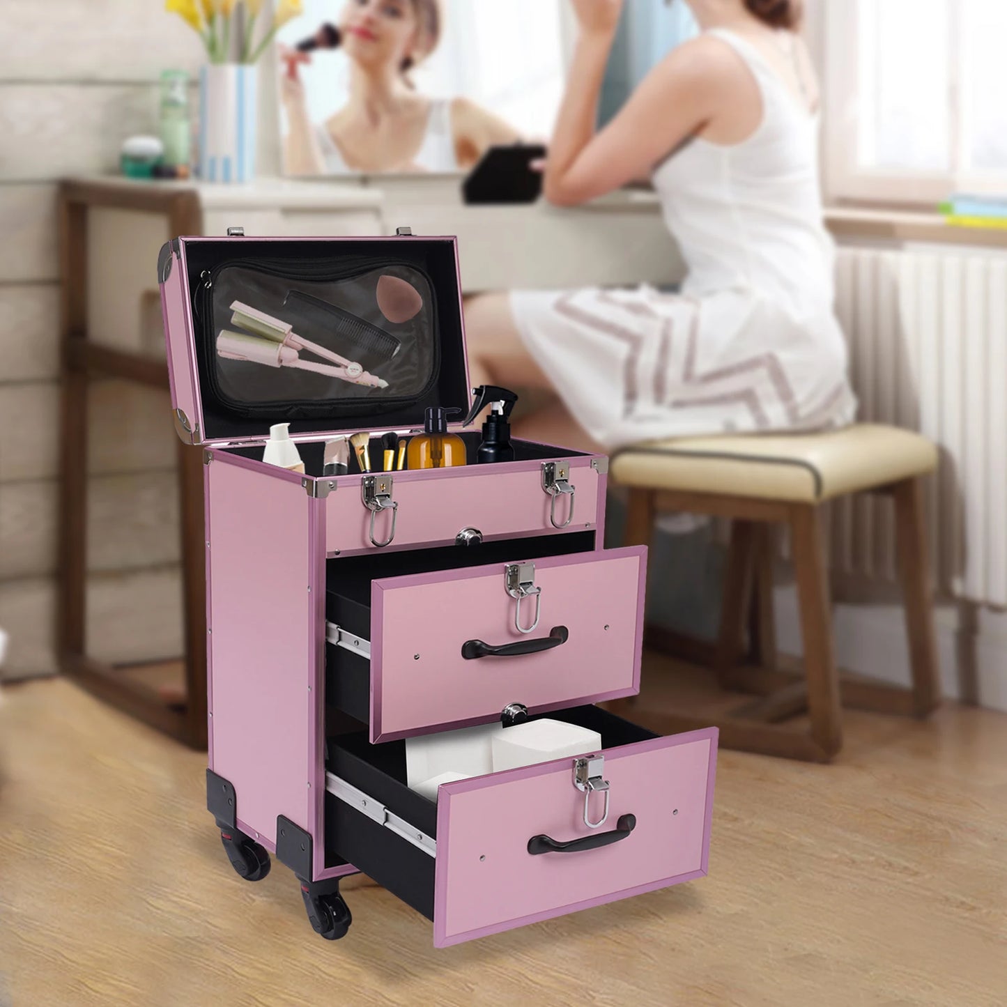 Professional Makeup Rolling Train Case, 3-Layer Portable Cosmetics Organizer with 50 Compartments & Wheels - 110LBS Capacity