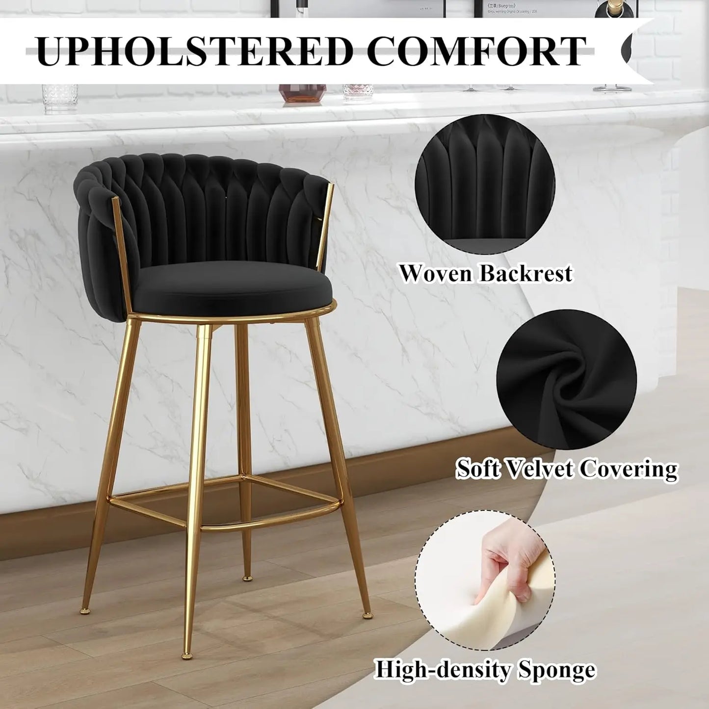 Gold Bar Stools Set of 2, Velvet Hand-Woven Barstools, Seat Height 27″ Counter Stools with Upholstered Backrest, Modern Luxuriou