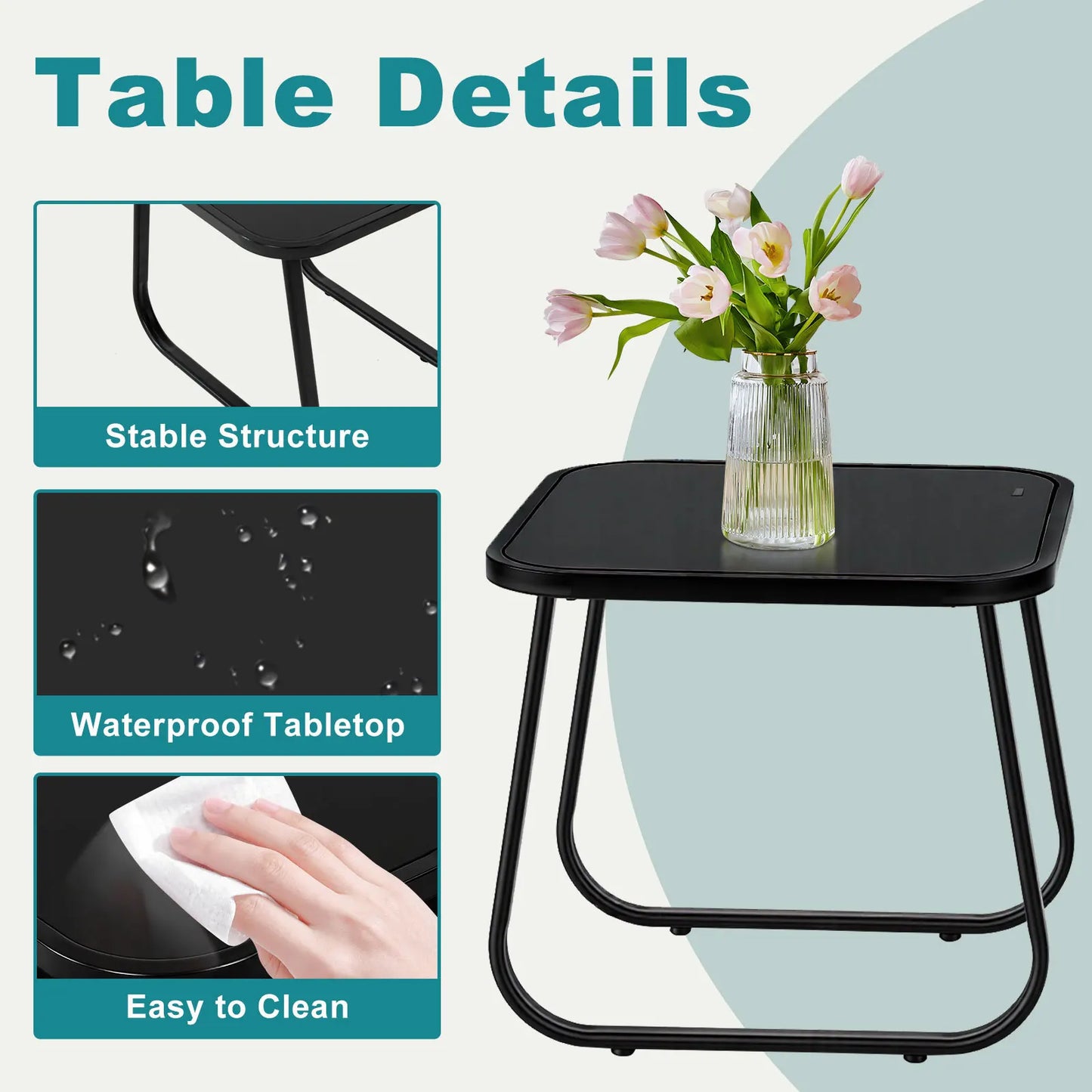 JHK Patio Furniture 3 Pieces Set with Table Outdoor Metal Frame Lumbar Support Mesh Backrest Sectional Balcony Sets for Garden