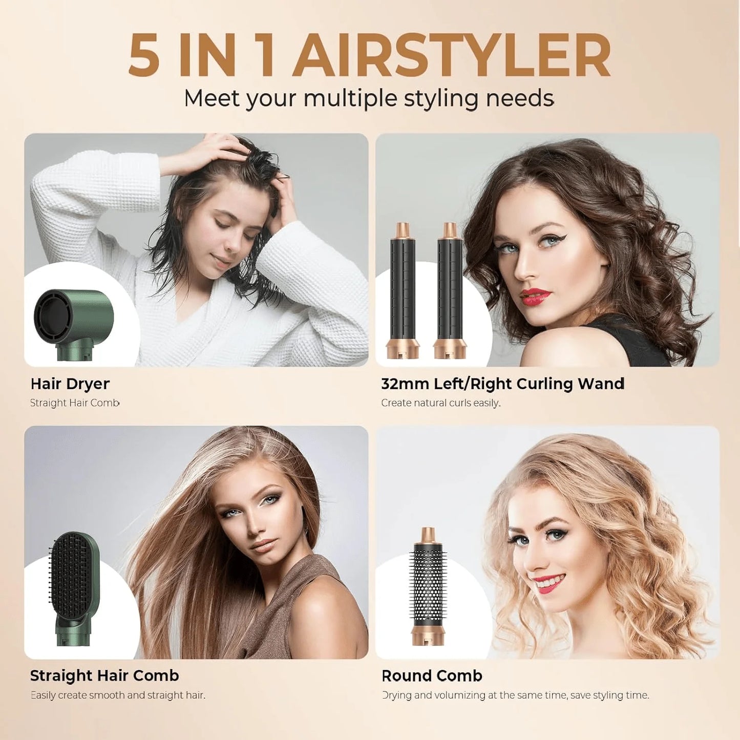 UKLISS 5-in-1 Green and Gold Air Styler: Perfect Valentine's Day Gift, 800W Power, for Curling Straightening, and Blow-drying