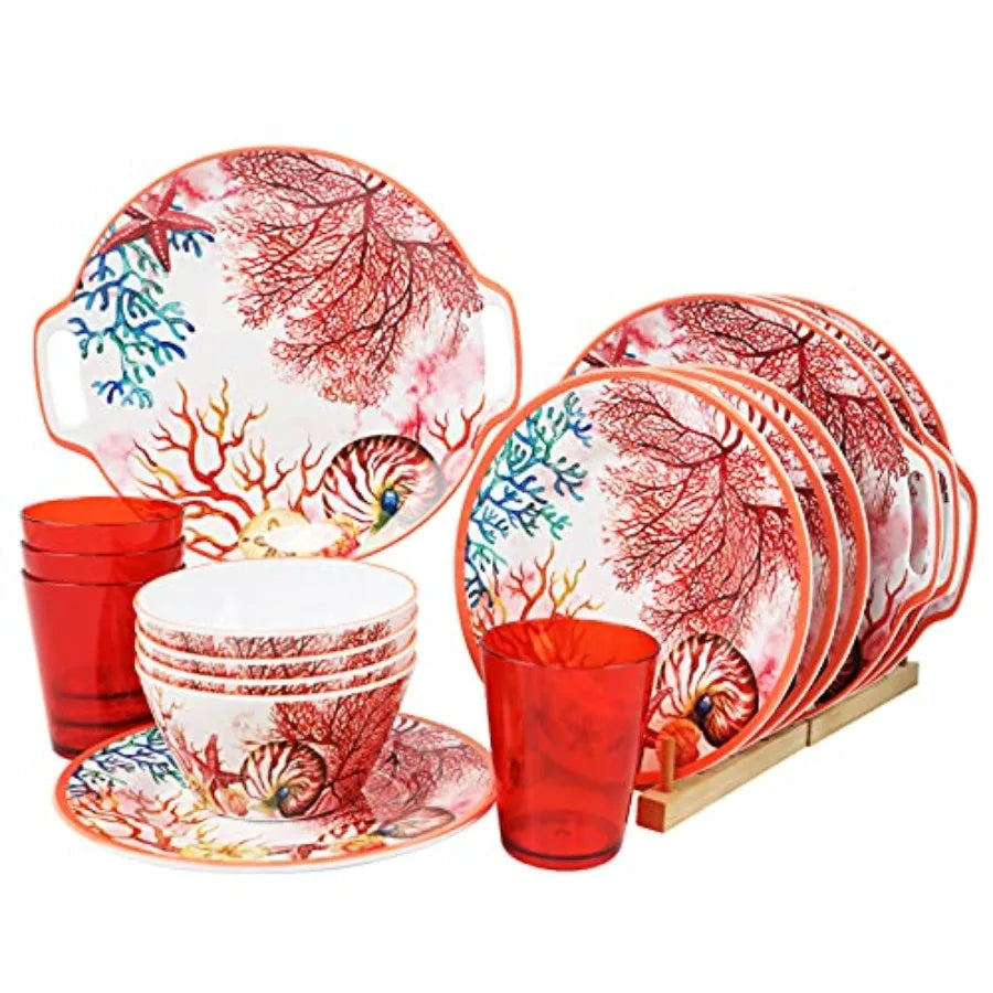 Melamine Dinnerware Set for 4-16 Pcs:Camping Dishes Set with Dinner PlatesSalad Plates Cups and Bowls.Lightweight and Unbreakab