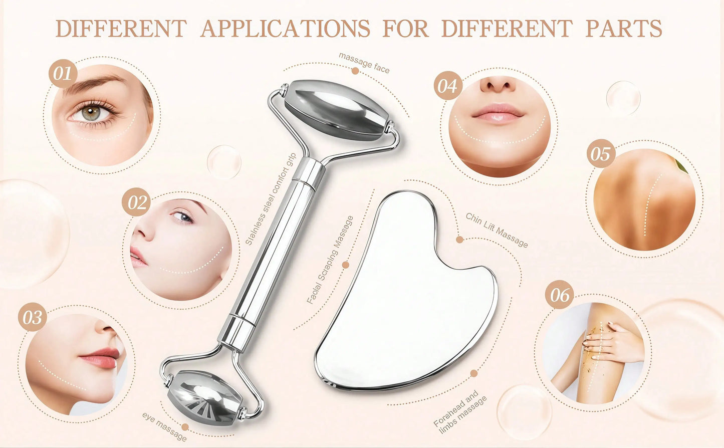 LMMAKE Face Roller And Gua Sha, Stainless Steel Facial Roller And Guasha Tool For Face, Skin Care Roller For Wrinkles And Lifting, Improve Puffiness, Metal Face Massager For Eyes, Neck Tighten
