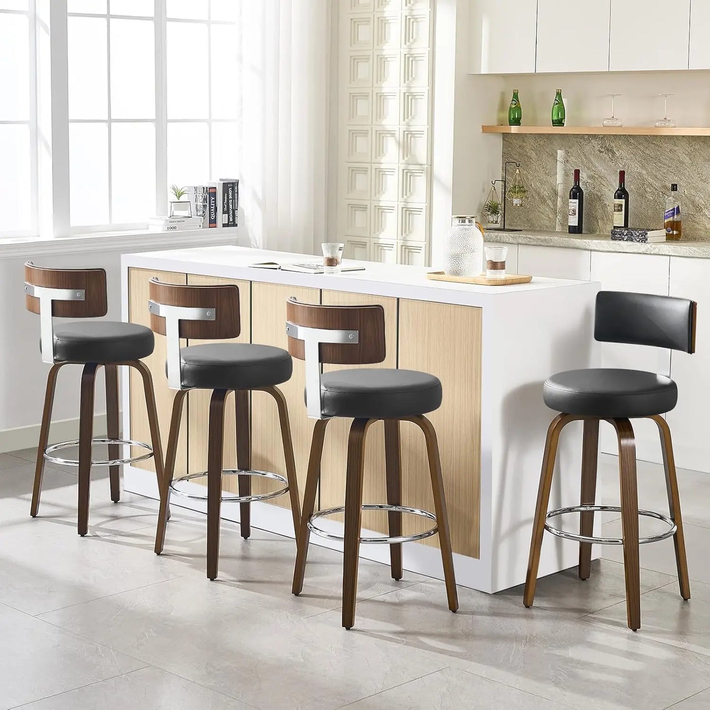 Swivel Counter Height Bar Stools Set of 4, Faux Leather Kitchen Stools Upholstered Barstools with Back, Walnut Wood, Customized