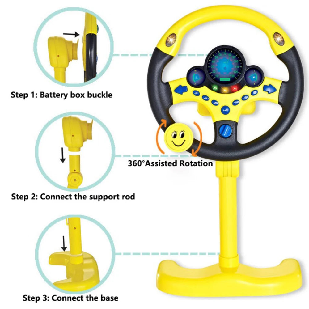WANXIANGSTEERINGWHEELYELLOW-2192E-4 Simulation Steering Wheel Toys With Light Music Educational Portable Eletric Early Education