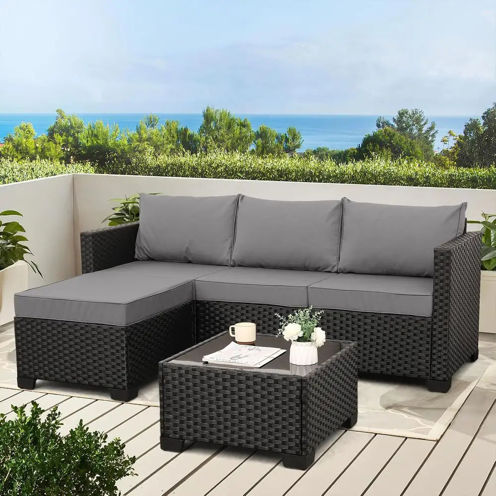 Wicker Patio urniture Patio Couch 3 Pieces Outdoor Sectional with Ottoman and Outdoor Glass Table Weathering Anti-Slip Cushions