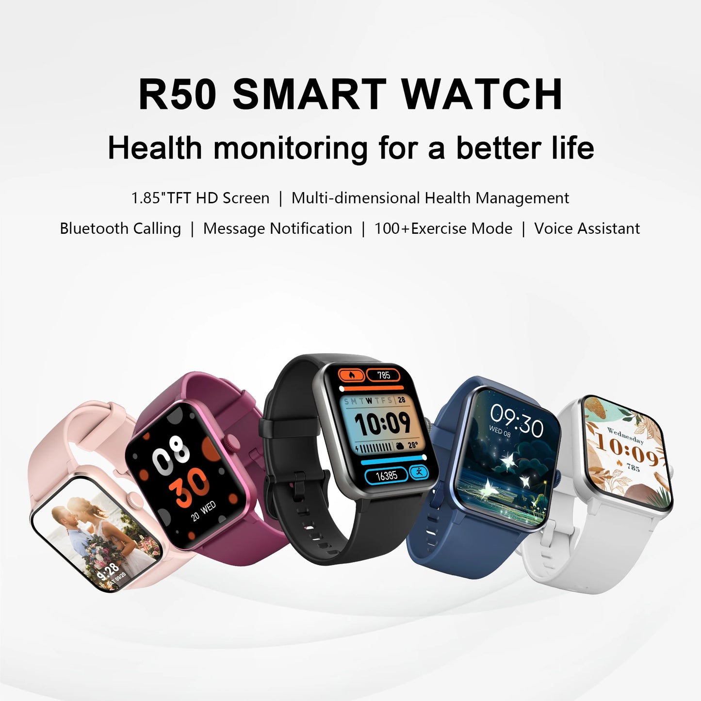 IOWODO R50 Waterproof Smart Watch 1.85'' HD Screen BT Calls SpO2 Heart Rate Monitor Men Women Smartwatch with 100 Workout Modes