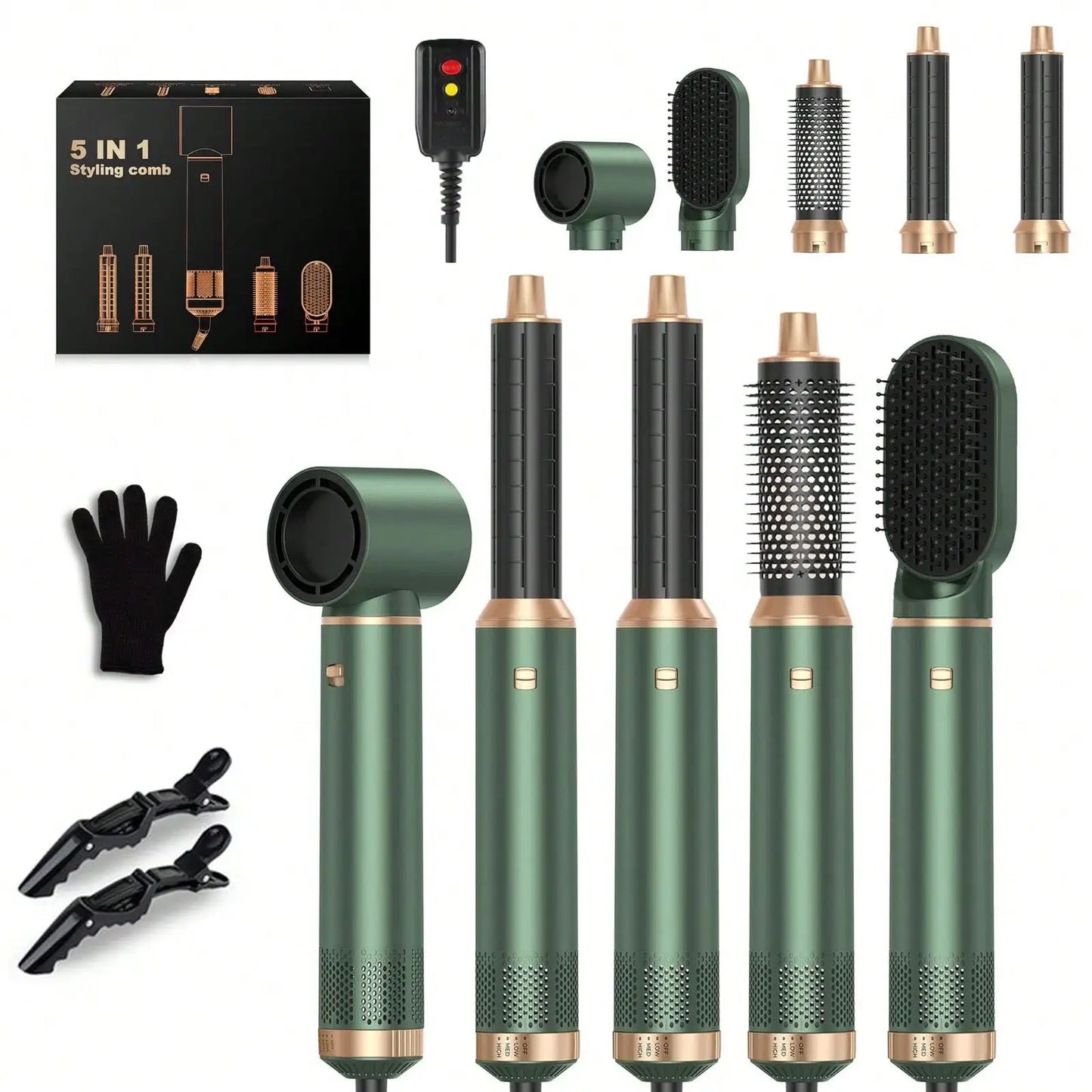 UKLISS 5-in-1 Green and Gold Air Styler: Perfect Valentine's Day Gift, 800W Power, for Curling Straightening, and Blow-drying