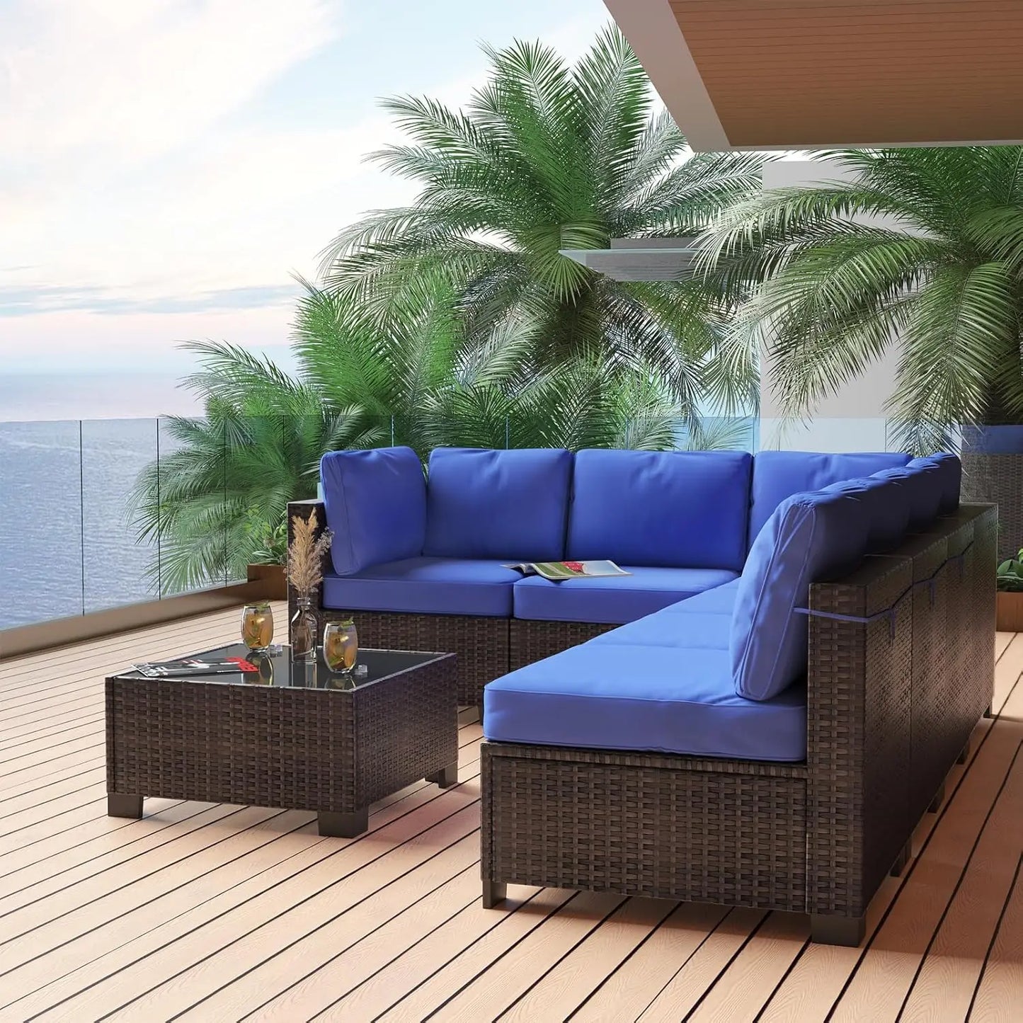 7-Piece Modular Outdoor Furniture Set, PE Rattan Wicker Sectional Modular Conversation Sofa Set, Perfect For Garden Balcony