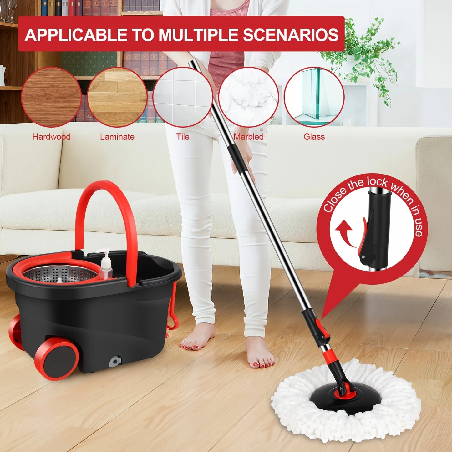 Spin Mop And Bucket with Wringer Set On Wheels, 360 Spinning Mop with Stainless Steel Handle for All Hard Surfaces