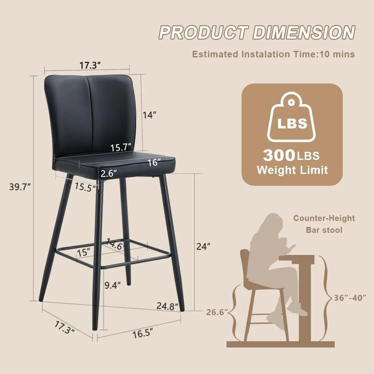 Counter Height Bar Stools Set of 4 - Kitchen Island Stools with Back,Black Barstools with Sturdy Metal Legs,Modern, Customized