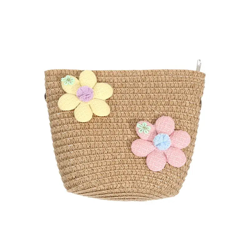 Girl Zipper Flower Straw Bag Cute Photo Props Handmade Woven Kid Messenger Bags Storage Basket Coin Purse Crossbody Handbag