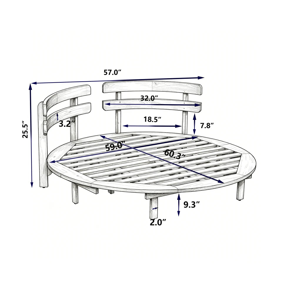 Outdoor Acacia Wood Round Daybed, Patio Lounger with Curved Slatted Backrest, Cushion and 4 Pillows for Backyard, Poolside