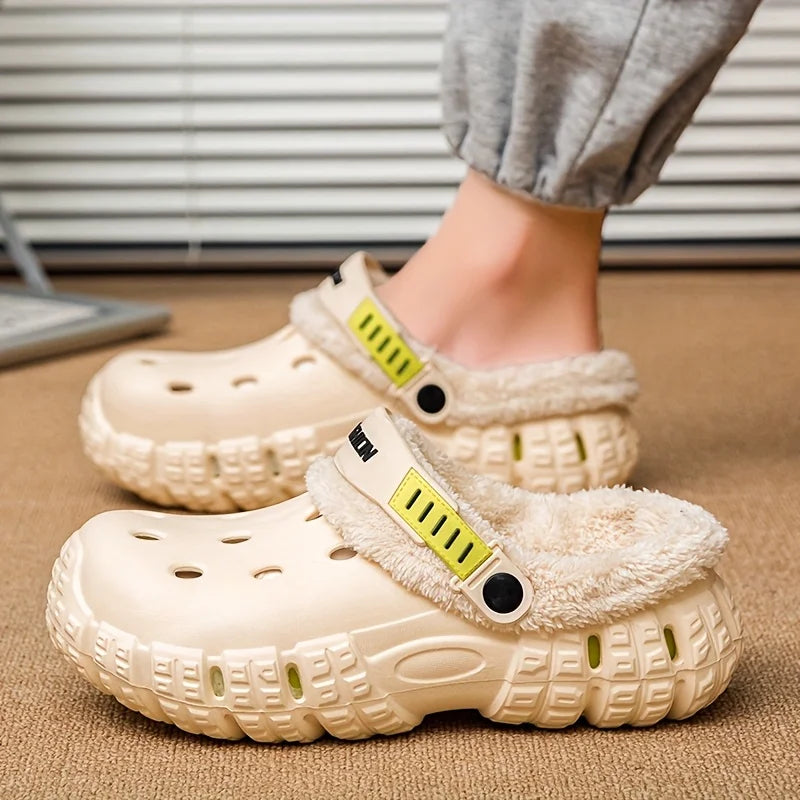 Unisex lined hole shoes, winter removable thick sole slippers with warm lining for outdoor use, thick and warm cold-proof