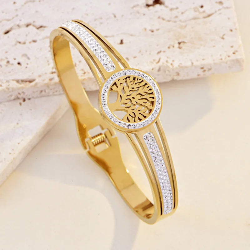 4pcs/Set Stainless Steel Hollow  Tree Of Life Peace Pendant Necklace Bracelet Earrings Ladies Wedding Jewelry Set