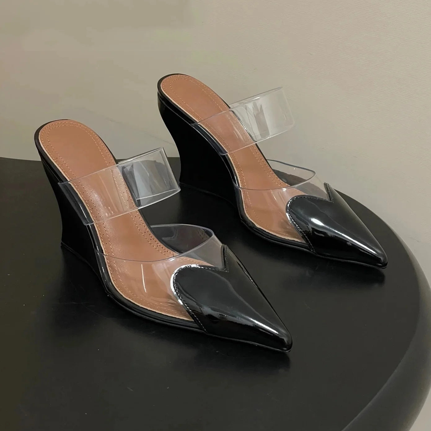 Newest Spring Summer Women's High Heel Slippers Genuine Leather Pointed-Toe Wedge Heel Slip-On Sandals Chic Style Bota Feminina