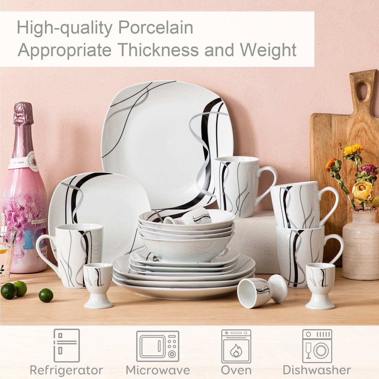 VEWEET FIONA 20/40 Piece Black Stripe Porcelain Dinner Kitchen Plate Combi-Set with Egg Cup/Mug/Bowl/Dessert Plate/Dinner Plate