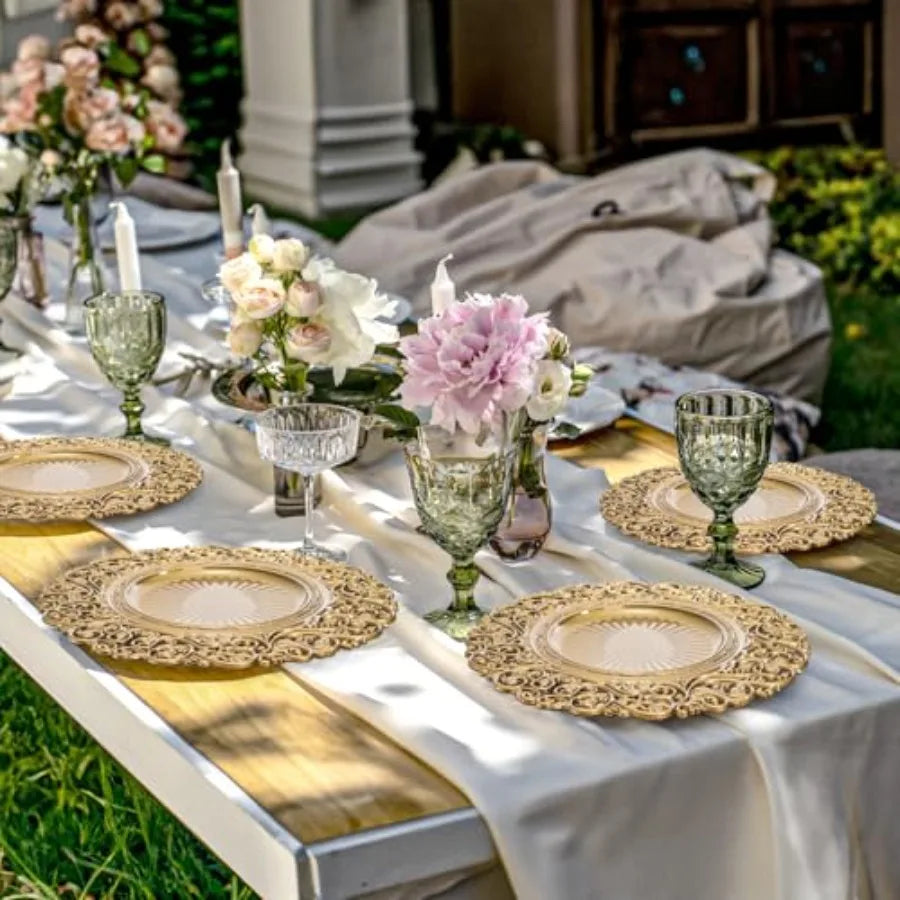 Foraineam Gold Charger Plates Set of 12 13" Round Plastic Dinner Chargers Decorative Hollowed Out Flowers Serving Plates for Ta