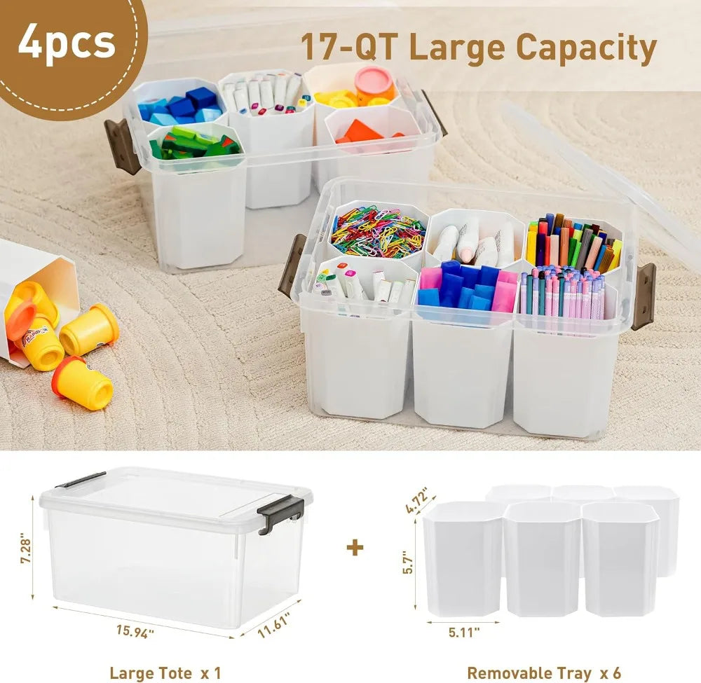 17QT Plastic Storage Bins with Lids, Clear Stackable Organizer Boxes 4-Pack, Multipurpose Craft Tool Crayon Storage