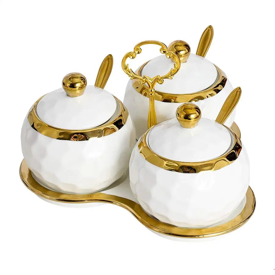 Porcelain Sugar Bowl Condiment Pot Salt Container with Lid, Spoon and Tray, Set of 3, Modern Spice Box Seasoning Jar, White and