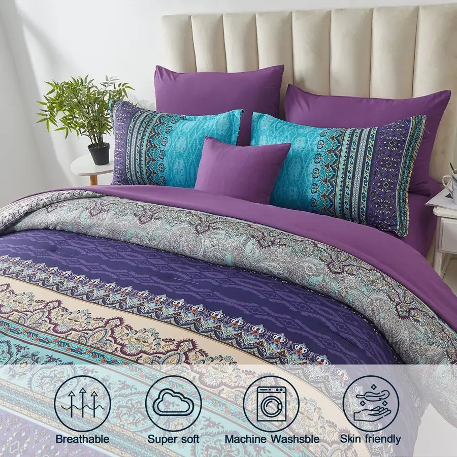 Boho Comforter Set Queen Size 8 Piece Bed in a Bag Bohemian Striped Bedding Quilt Set Aqua Paisley Floral Comforter and Sheet Se