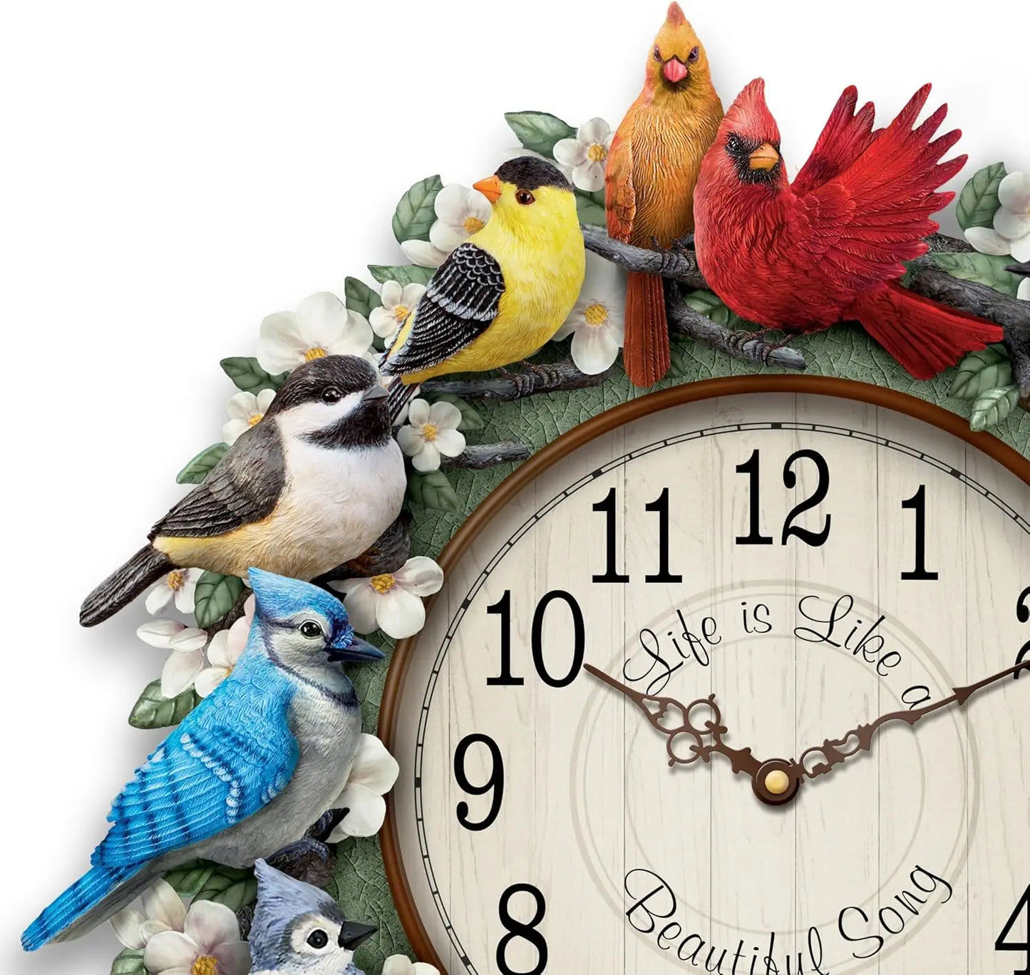 Songbird Melodies Sculptural Wall Clock Featuring 12 Hand-Painted Bird Species That Mark The Hours On A Wooden-Framed Face with