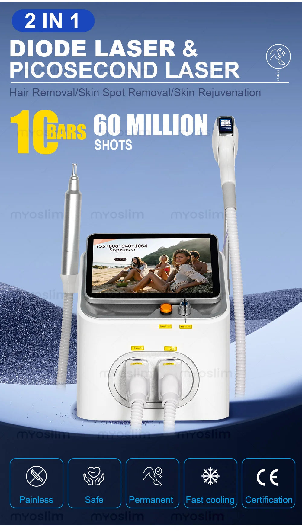 FAC 5000W 16Bars Diode Laser Hair Removal & Pico Laser Tattoo Removal 2-in-1 Machine 755 808 940 1064nm