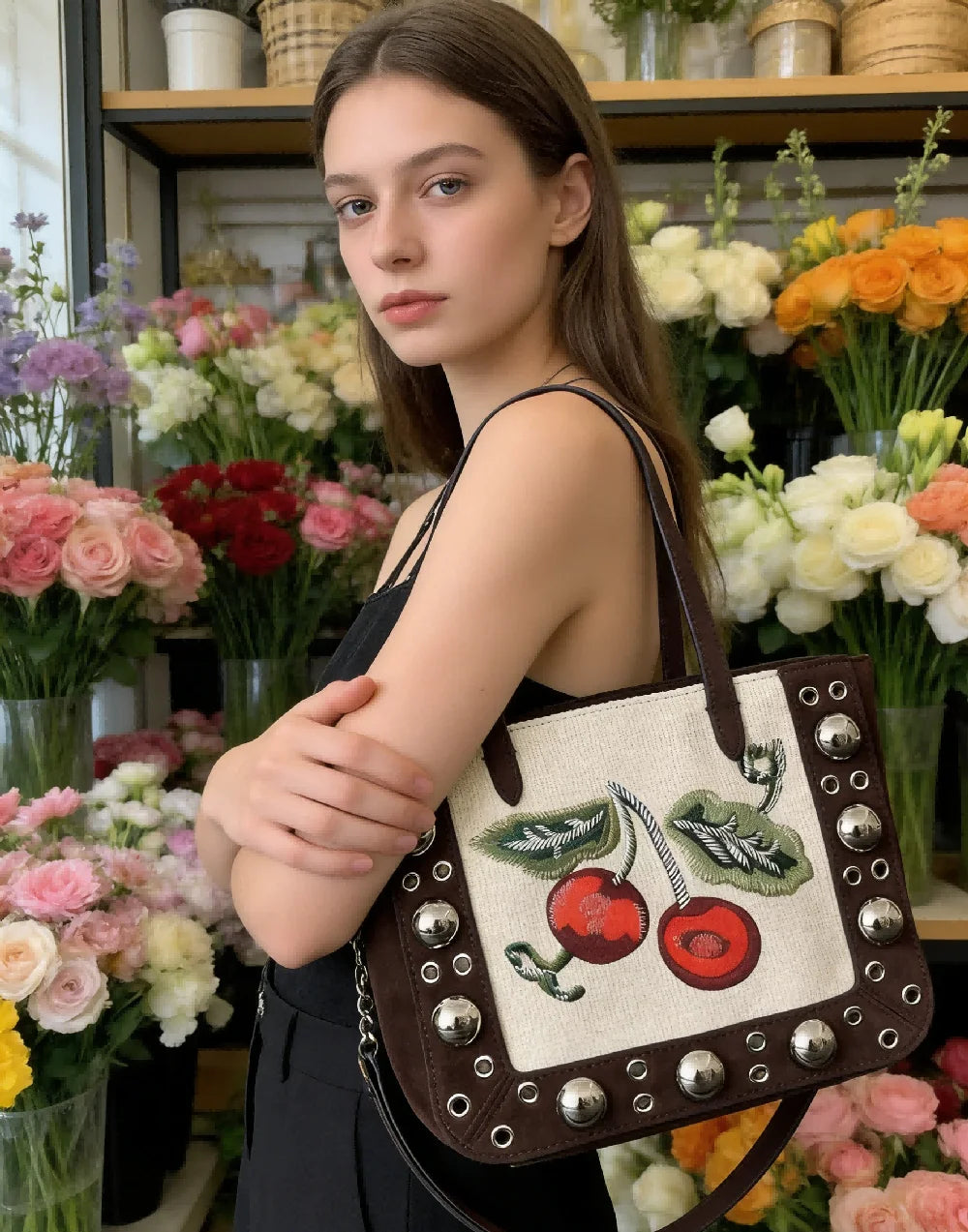 Women Cherry Embroidery Rivet Tote Shoulder Bag, Casual Large Capacity Handbag for Daily Commute and Street Style