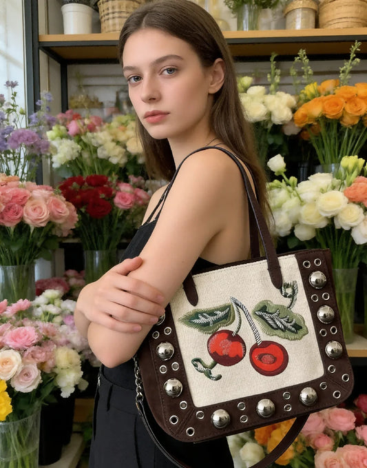 Women Cherry Embroidery Rivet Tote Shoulder Bag, Casual Large Capacity Handbag for Daily Commute and Street Style