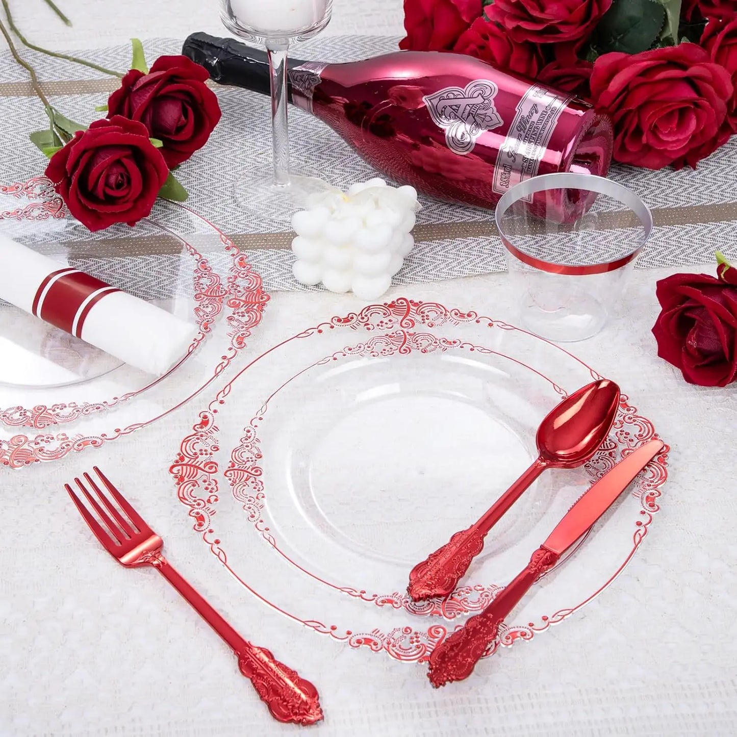 350pcs Clear and Red Plates - Red Party Plates for 50 Guest, Include 100 Heavy-duty Plates(20% Thicker Than Standard), 50 Pre Ro