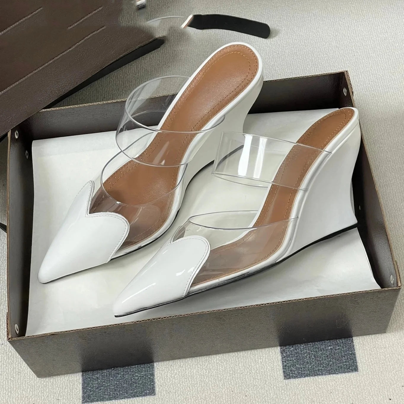 Newest Spring Summer Women's High Heel Slippers Genuine Leather Pointed-Toe Wedge Heel Slip-On Sandals Chic Style Bota Feminina