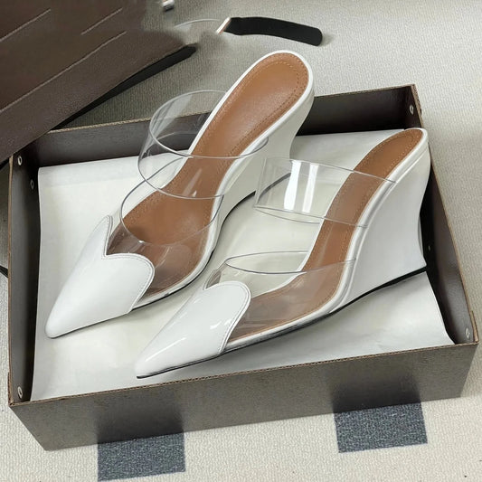 Newest Spring Summer Women's High Heel Slippers Genuine Leather Pointed-Toe Wedge Heel Slip-On Sandals Chic Style Bota Feminina
