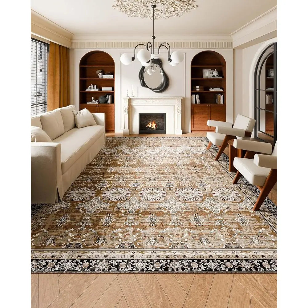 Large 9x12 ft Washable Non-Slip Area Rug - Soft, Pet & Child Safe Vintage Carpet for Home Office, Brown/Green