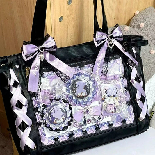 New Japanese Sweet Girl Ulzzang Ita Bag Ribbon Cute Handbag for Women Large Capacity Transparent DIY Badge One-shoulder Tote Bag