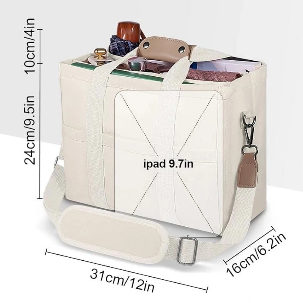 Women’s Canvas Tote Bag with Multiple Pockets, Large Capacity Shoulder Messenger Bag, Durable & Versatile for Daily - White