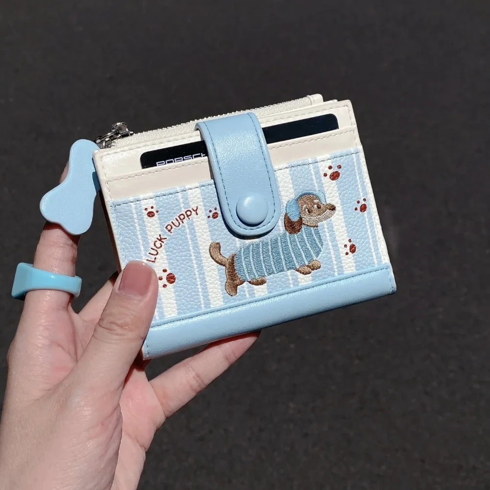 Ins Dachshund Embroidery Short Wallet Dopamine Color Cartoon Dog Card Bag PU Zipper Coin Purse Women Girl