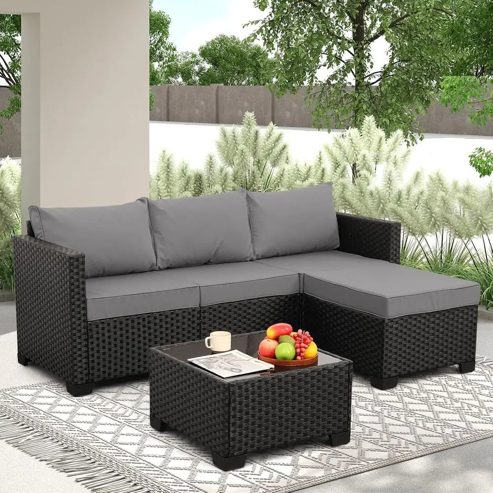 Wicker Patio urniture Patio Couch 3 Pieces Outdoor Sectional with Ottoman and Outdoor Glass Table Weathering Anti-Slip Cushions