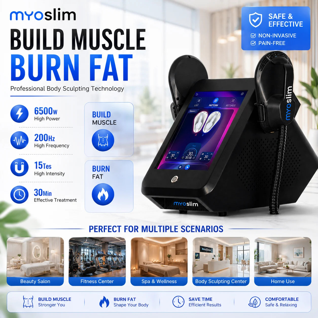 MYOslim 6500W 15Tesla 200HZ Electromagnetic EMS Body Sculpting Machine Muscle Toning Abdomen Buttocks Thighs Salon Home Use
