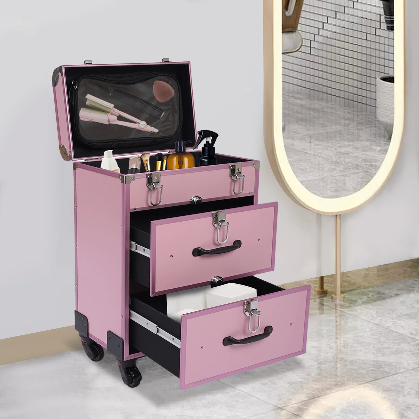Professional Makeup Rolling Train Case, 3-Layer Portable Cosmetics Organizer with 50 Compartments & Wheels - 110LBS Capacity