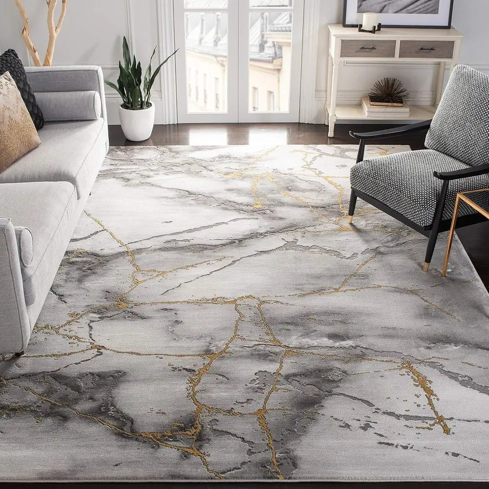 Area Rug 8' x 10', Grey & Gold, Modern Abstract, Non-Shedding, Easy Care, Ideal for Living Room, Bedroom (CFT877F)
