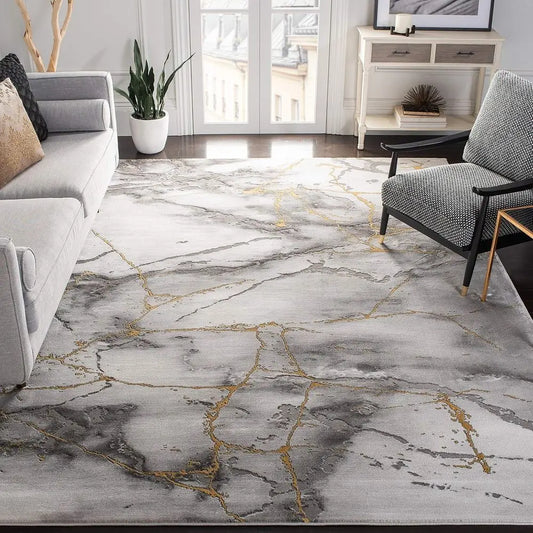 Area Rug 8' x 10', Grey & Gold, Modern Abstract, Non-Shedding, Easy Care, Ideal for Living Room, Bedroom (CFT877F)