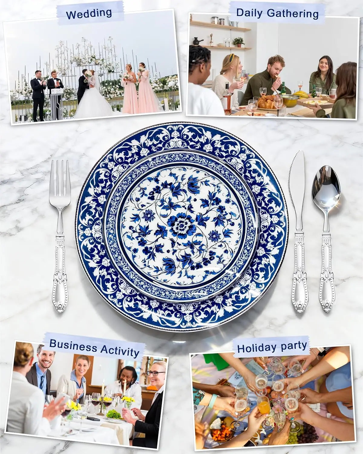 60pcs Blue Plastic Plates Set - Floral Blue & White Porcelain Design, 10.25" Dinner & 7.5" Dessert Plates Disposable for Wedding