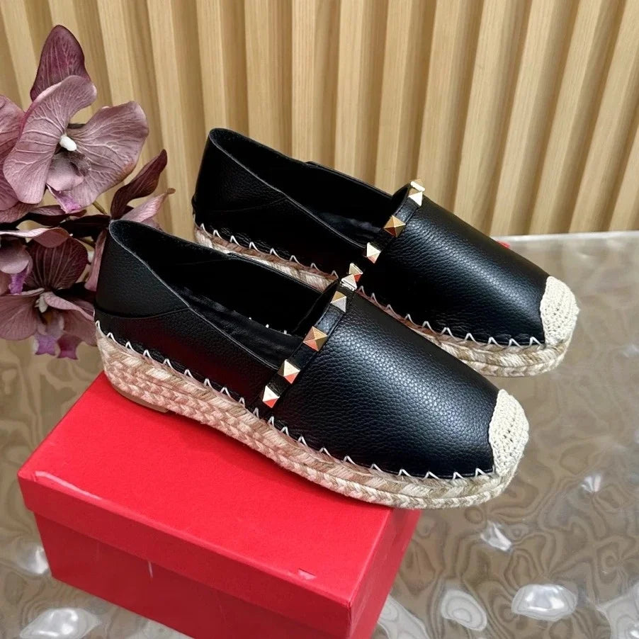 mew Top Quality 2025 New Genuine Leather Rivet Platform Loafers Shoes Shallow Espadrilles Fisherman Shoes De Mujer